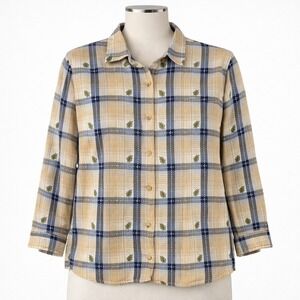 Vtg Y2K Beige Tan Blue Plaid Woven Leaf Button Shirt Top Cottagecore Granola
